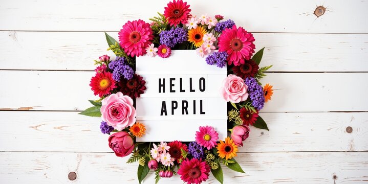 flowers and a sign that says hello april
