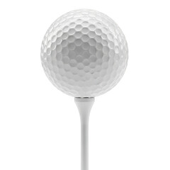 A pristine white dimpled golf ball rests perfectly poised on a white golf tee isolated on transparent background