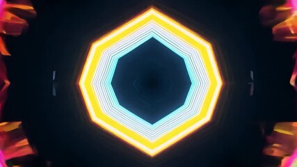 Abstract kaleidoscopic design featuring neon geometric shapes and vibrant colors against a dark background. - Powered by Adobe