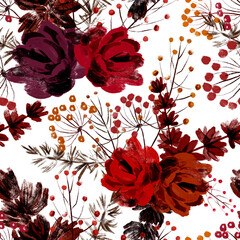 Autumn bouquet. Seamless pattern of flower and berry bouquets in red and brown colors on a white background.