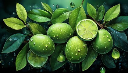 a painting of lush green fruits and leaves adorned with droplets of water
