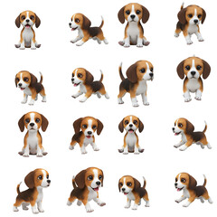 A collection of cute animated beagle puppies in various poses, showcasing their playful and curious nature. Each dog is rendered with attention to detail.