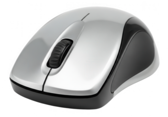 A sleek silver and black computer mouse isolated on transparent background is ready for clicking and scrolling