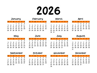 Minimalist 2026 calendar template. Modern and simple grid layout, easy to print and use for planners, wall calendars, or digital design. EU format