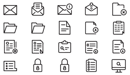 Modern outline icons of email communication, office folders, and secured files for digital business concepts.