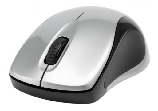 A sleek silver and black computer mouse isolated on transparent background is ready for clicking and scrolling