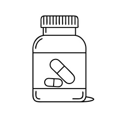 Vector art of a clean line illustration of a medication bottle containing two pills, isolated on a, signifying healthcare and pharmaceutical products