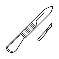Vector art of a medical scalpel and a larger surgical knife with a ribbed handle, depicted as outline drawings on a