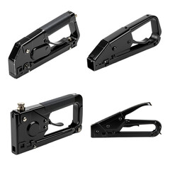 Versatile black staple guns displayed from multiple angles, highlighting their robust design and practical functionality for various fastening tasks on a clear background