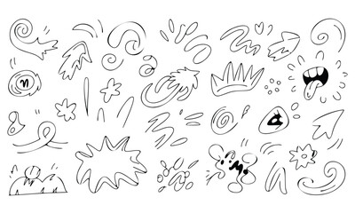 A vector set of hand-drawn doodles features black and white floral elements and leaf illustrations for seamless pattern design