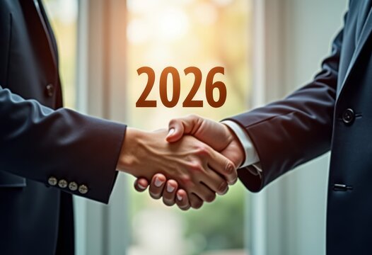 Handshake with floating 2026 numbers, business partnership new beginnings