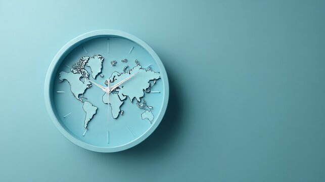 3d render of a blue clock with a world map in the background.