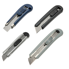 Collection of four utility knives with retractable snap off blades in various colors essential for cutting tasks isolated on transparent background