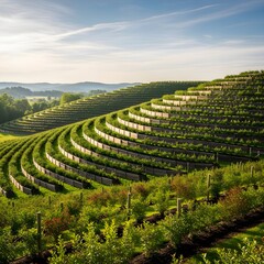 Terraced Blueberry Farms Under Warm Golden Sunlight