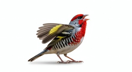 Obraz premium Red-headed Finch Bird Singing Isolated, Colorful Plumage, isolated on white background