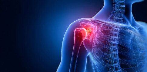 Rendered illustration of the human shoulder with a highlighted pain area on top. Medical concept