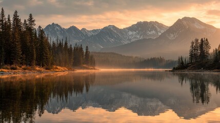 Misty lake reflects mountains and pine forest at sunrise or sunset.