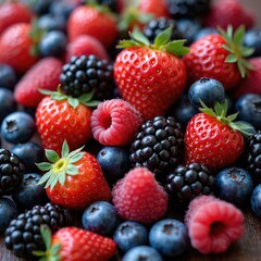 Obraz premium Vibrant assortment of fresh summer berries on wood background. Closeup mix of ripe strawberry, blueberry, raspberry, blackberry. Healthy organic fruit for vegetarian diet. Juicy superfood rich in
