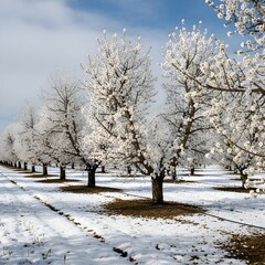 Snow-Covered Blooming Almond Orchard Under Clear Blue Sky