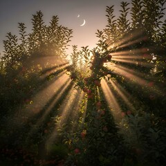 Apple Orchard at Dawn with Golden Sunlight and Crescent Moon