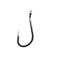 A gleaming metallic fishing hook with a sharp point and curved shaft isolated on transparent background