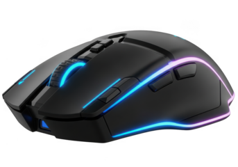A black gaming mouse with vibrant blue and purple led lighting accents isolated on transparent background