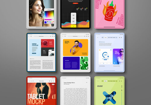 Tablet Mockup Set - Clay Style, Flat-Lay (9 Objects)