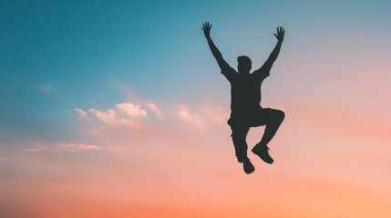 Obraz premium Silhouette of happy man jumping in air against colorful sunset sky. Epic freedom concept, success and victory, joyful lifestyle, energetic youth, beautiful pastel sunrise background, vitality.
