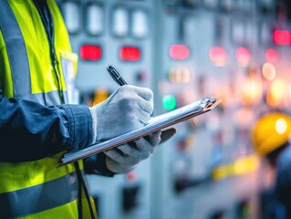 Worker in safety vest writes on clipboard near control panel lights.