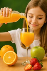 Smiling Girl Pouring Fresh Orange Juice into Glass with Strawberries, Apple, and Oranges on Table