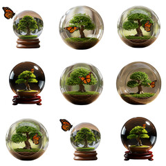 Collection of Nine Miniature Bonsai Trees in Glass Globes with Monarch Butterflies on Transparent Backdrop