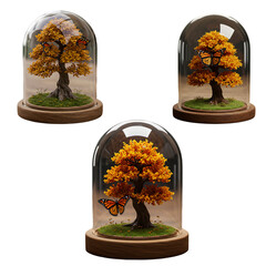 Miniature Bonsai Trees with Autumn Foliage Encased in Glass Domes with Monarch Butterflies on Transparent Backdrop