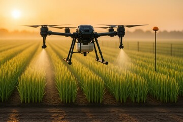 Agricultural Drone Spraying Fine Mist over Wheat Field at Sunrise in Precision Smart Farming