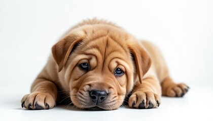 Fototapeta premium Adorable Shar Pei puppy resting. Small wrinkly dog looks gently. Cute young canine with sweet expression. Soft fur and beautiful eyes on white background.