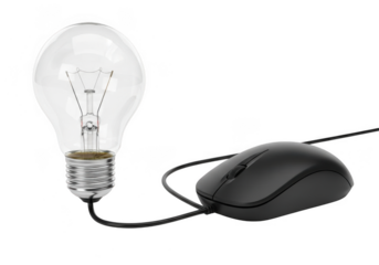 An illuminated light bulb connected to a computer mouse symbolizes innovative ideas and digital connectivity, isolated on transparent background