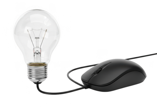 An illuminated light bulb connected to a computer mouse symbolizes innovative ideas and digital connectivity, isolated on transparent background