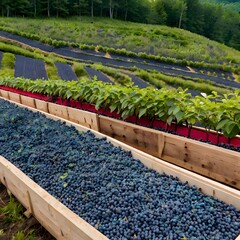 Blueberry Farm with Wooden Crates and Lush Green Mountain Background