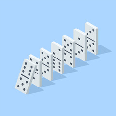 Isometric vector domino tiles lined up with the last tile falling on them, in color on a blue background, the domino principle or business concept of how plans fall apart