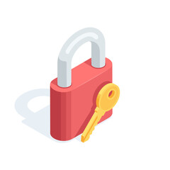 Isometric vector red lock and golden key, in color on a white background, password protection or secure data access