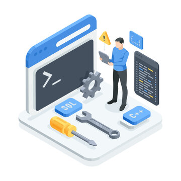 Isometric vector man with a tablet on a platform with program windows and tools, in color on a white background, debugging and configuring software or programming