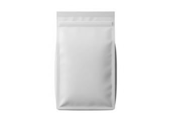 A blank white standup pouch isolated on transparent background, perfect for showcasing product packaging design