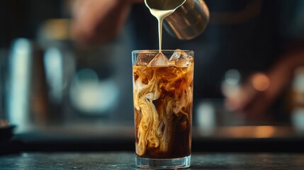 Cream mixing into iced coffee in a tall glass closeup.