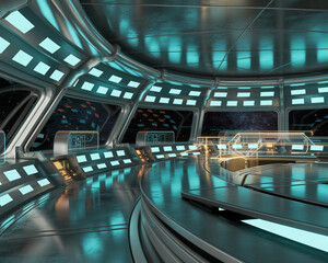 Futuristic spaceship bridge with glowing blue lights and starry view