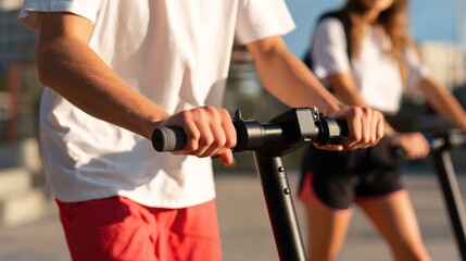 Close up of hands gripping electric scooter handlebars outdoors.