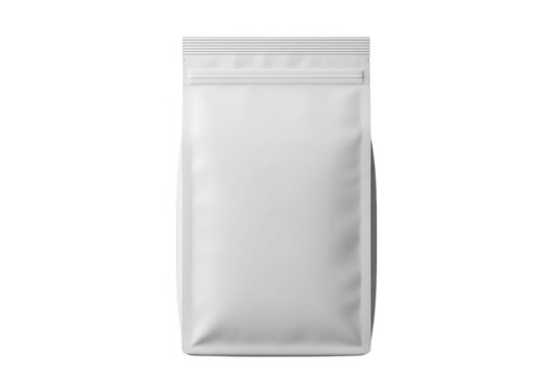 A blank white standup pouch isolated on transparent background, perfect for showcasing product packaging design