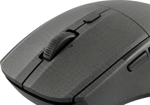 A closeup of a textured black wireless computer mouse with a scroll wheel isolated on transparent background