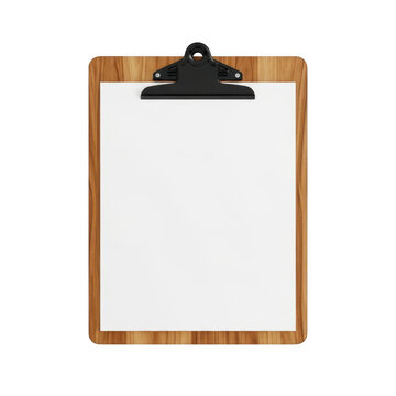 A wooden clipboard with a blank white sheet of paper and a black clip presented isolated on transparent background
