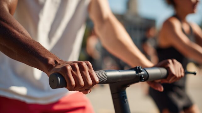Close up of hands gripping electric scooter handlebars outdoors