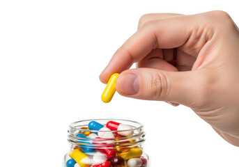 A hand picks a yellow capsule from a glass jar filled with colorful pills isolated on transparent background