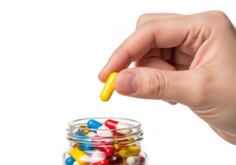 A hand picks a yellow capsule from a glass jar filled with colorful pills isolated on transparent background